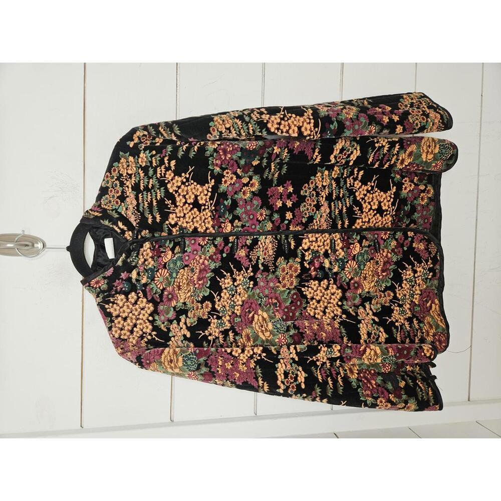 Vintage 80s Nwot Black With Orange & Burgundy Floral Velvet Asian Jacket